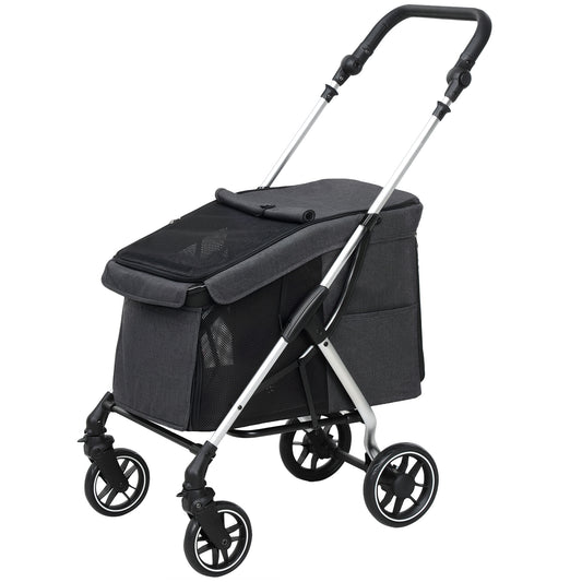 Hondenwagen – Hondenbuggy – Dierenwagen – Hondentransportwagen – Lichtgewicht – Opvouwbaar – Wasbaar Kussen – Ventilerende Gaasramen – Grijs