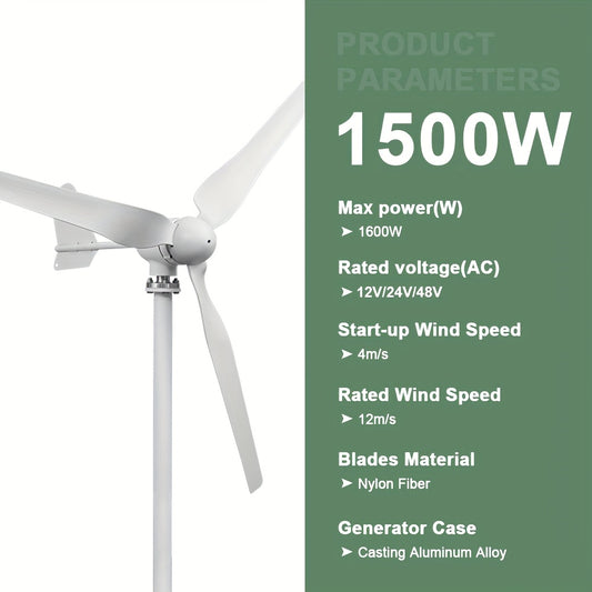 Windmolen Generator – Windturbine – Windenergie Generator – Aerogenerator – Stroomgenerator – 1500W Vermogen – MPPT Controller – Laag Geluidsniveau – Robuuste Metalen Behuizing