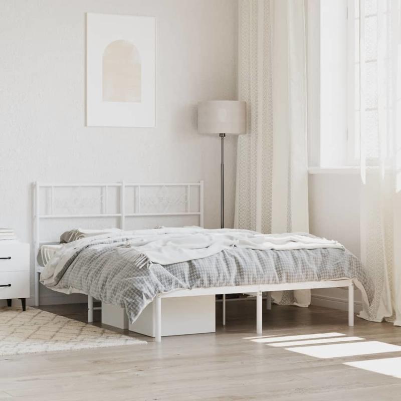 Modern White Metal Bed Frame with Headboard, 140x200cm - Powder-Coated Steel for Strength & Stability, Minimalist Design for Contemporary Bedrooms, Bedroom Decor | Modern Bedframe | Sturdy Construction