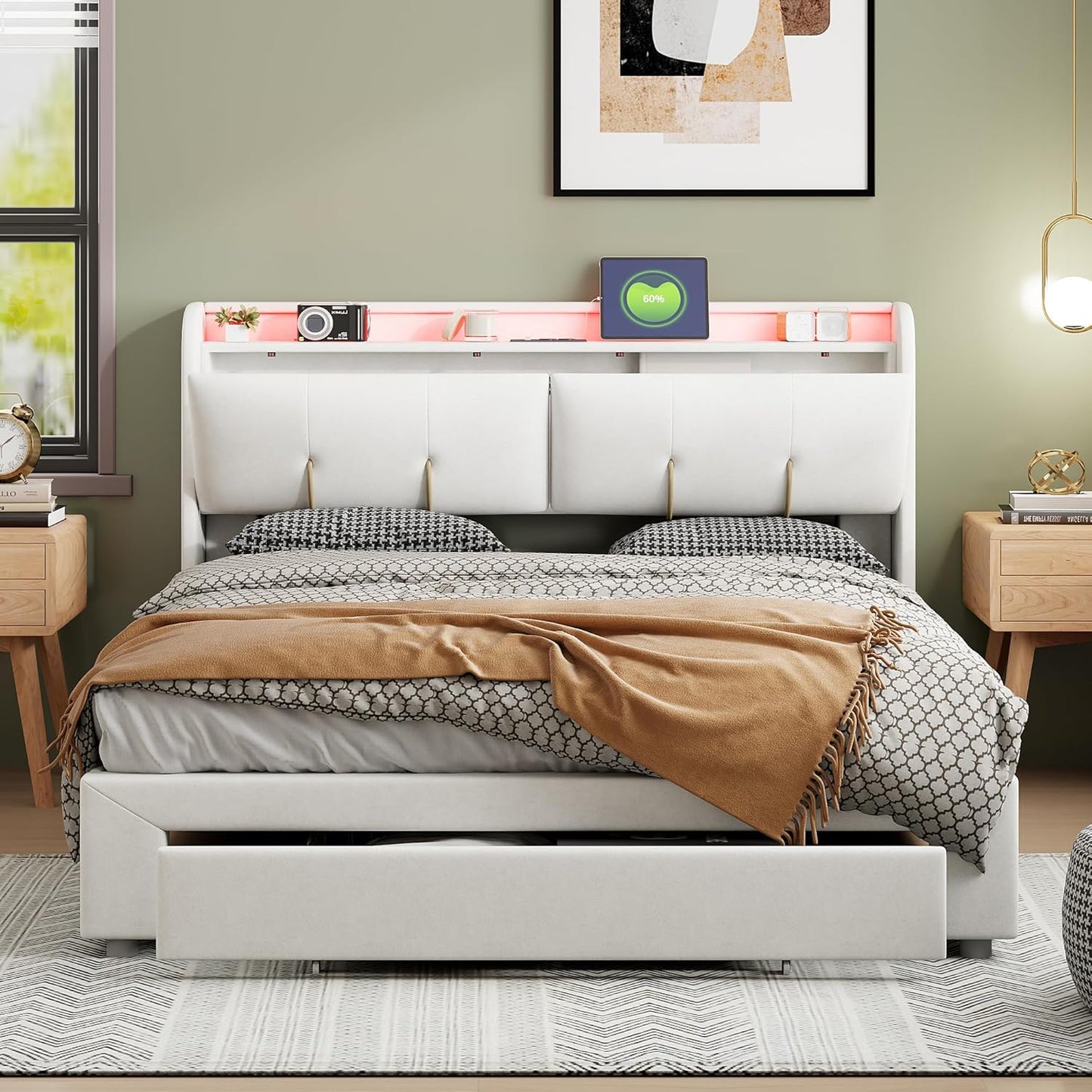 Gestoffeerd Tweepersoonsbed – Boxspring Bed – Ledikant – Opbergbed – Slaapbank – 140x200 cm – Hydraulische Opbergruimte – USB Laadpoort Ingebouwd