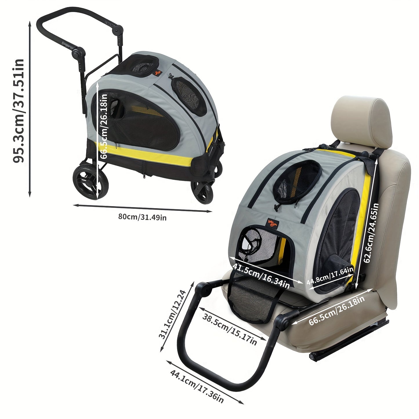 Pet Travel Stroller: 2 in 1 Dog Stroller for Car Seat, Travel Carrier, Portable Pet Stroller for Small Dog Breeds and Cats, with Four Wheels plus Brakes, Low Center of Gravity Design and Shockproof Design, More Sense of Secur