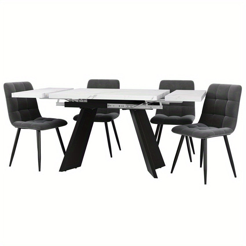 5-delige Eettafelset – Uitschuifbare Eettafel – Eetkamerset voor 4 Personen – Witte Tafel met Platte Poten – Grijze Velvet Stoelen – Ruimtebesparend – Comfortabel Ergonomisch Design