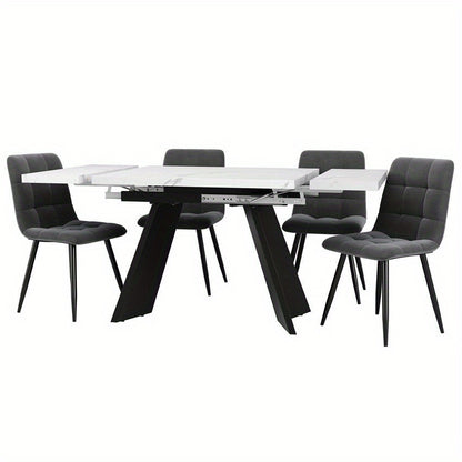 5-delige Eettafelset – Uitschuifbare Eettafel – Eetkamerset voor 4 Personen – Witte Tafel met Platte Poten – Grijze Velvet Stoelen – Ruimtebesparend – Comfortabel Ergonomisch Design