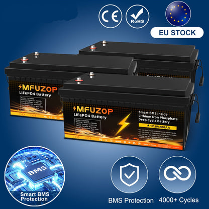 Lithium Accu – LiFePO4 Batterij – Bootaccu – Camper Accu – Zonne-energie Accu – 3x 12V 200Ah – 200A BMS Beveiliging – Lange Levensduur 5000+ Cycli