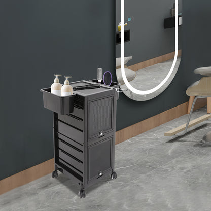 Opbergtrolley Salon – Beauty Trolley – Kapperskar – Opbergwagen – Werkplaatswagen – Met 6 Laden & 2 Zijmanden – Zwart Kunststof – Stil 360° Zwenkwielen & Haardrogerhouder