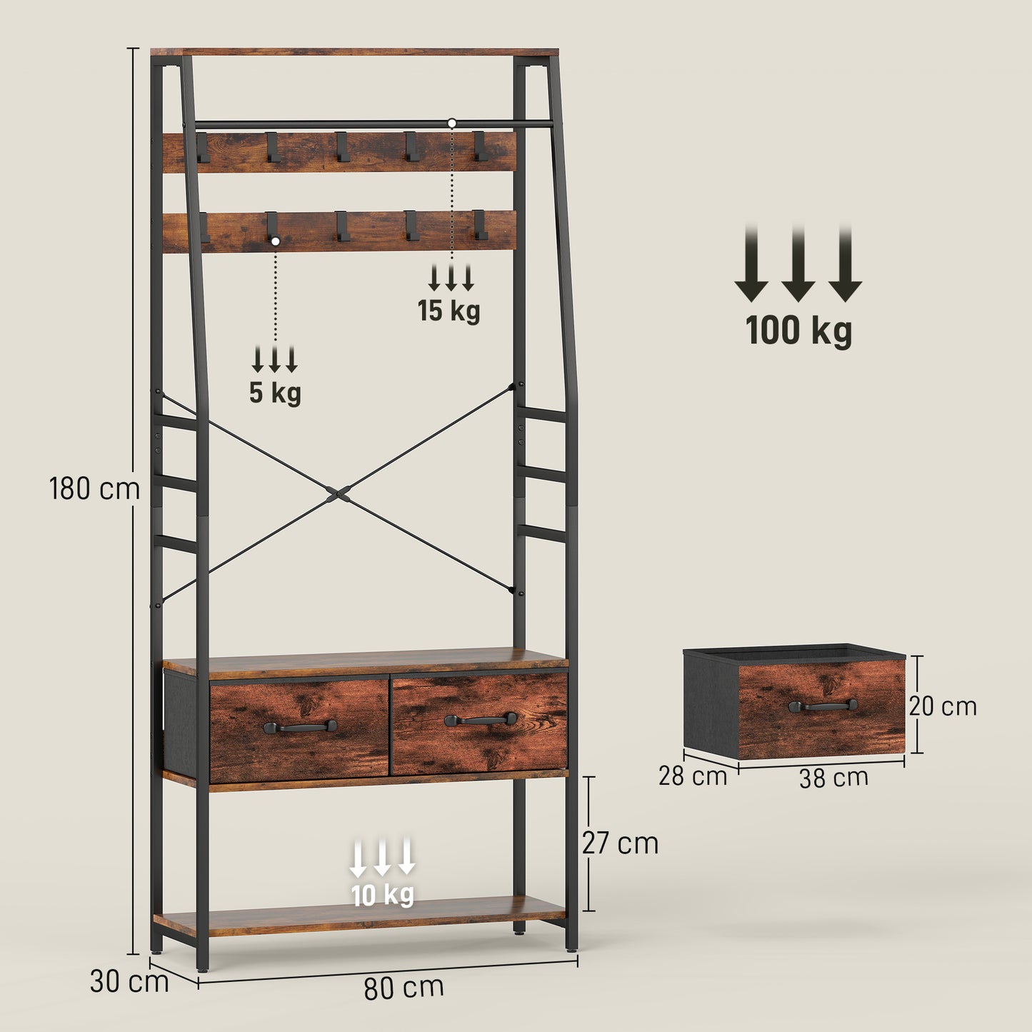 Kapstok – Kledingrek – Schoenenrek – Opbergmeubel – Halmeubel – Rustiek Bruin – 10 Metalen Haken – Comfortabel Zitbankje