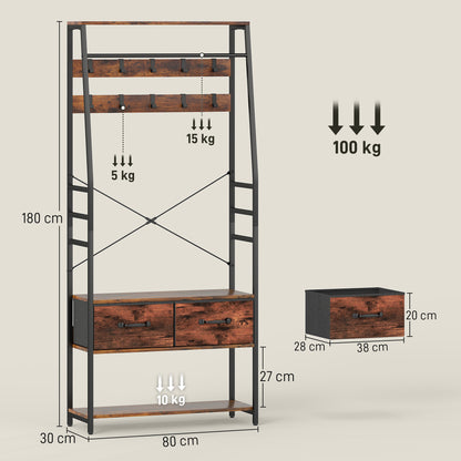 Kapstok – Kledingrek – Schoenenrek – Opbergmeubel – Halmeubel – Rustiek Bruin – 10 Metalen Haken – Comfortabel Zitbankje