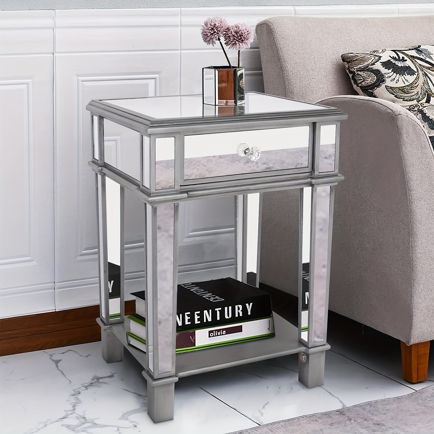 Nachtkastje – Bijzettafel – Sidetable – Opbergtafel – Nachtkast – Spiegelglas – 45x38x64 cm – Met Lade en Open Plank