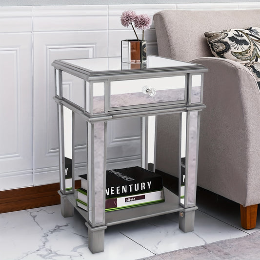 Nachtkastje – Bijzettafel – Sidetable – Opbergtafel – Nachtkast – Spiegelglas – 45x38x64 cm – Met Lade en Open Plank