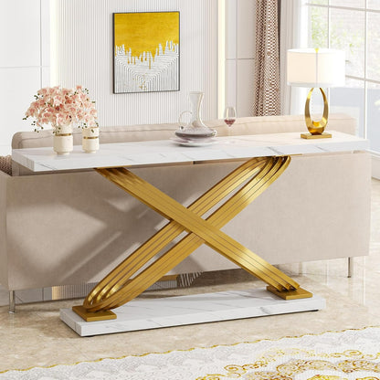 Sidetable – Consoletafel – Wandtafel – Haltafel – Bijzettafel – Smal Design – Houten Blad Met Witte Marmerlook – Goud Metalen Frame – 139,7 cm Lang
