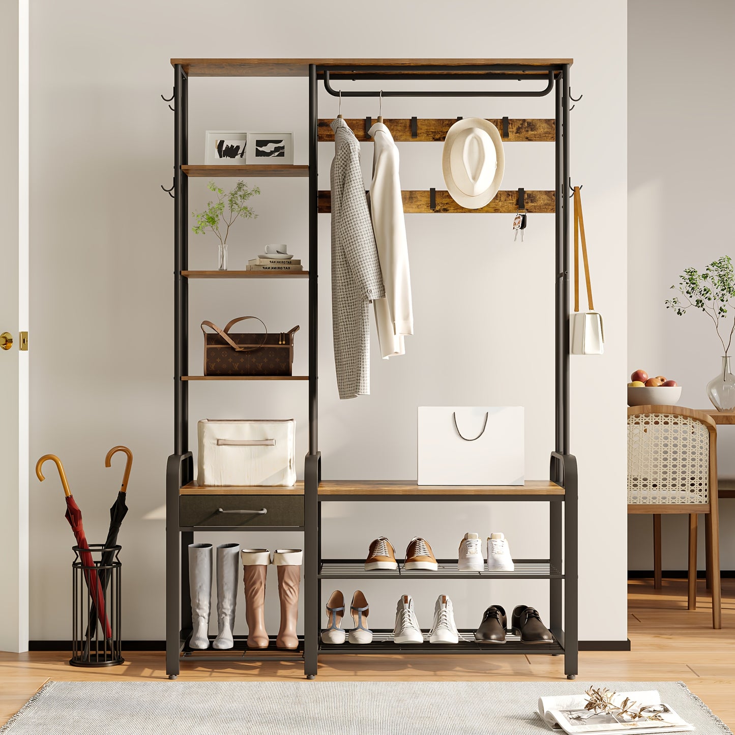 Hall Tree, Coat Rack With 3-Tier Storage Bench And 1 Drawer, 5-in-1 Entryway Bench With 17 Hooks, 1 Hanging Rod, 4-Tier Side Shelves, Rustic Brown