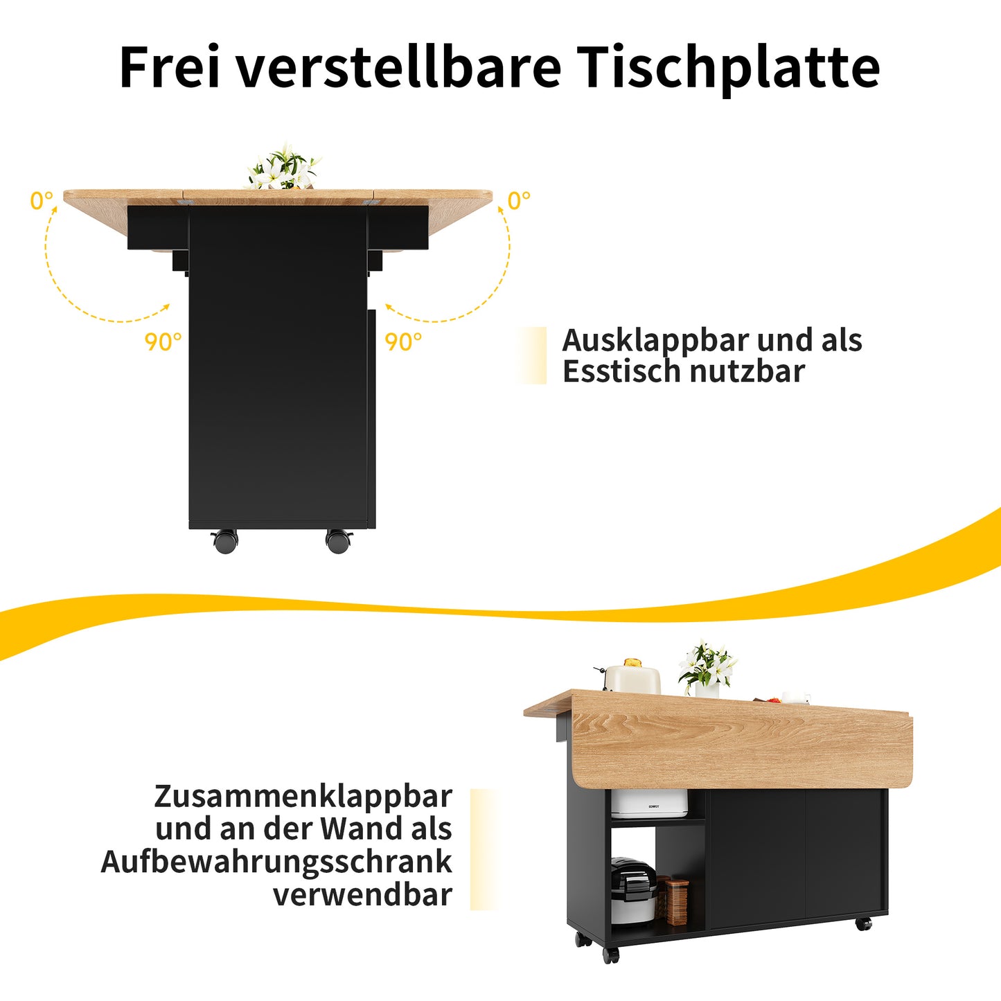 Keukenwagen – Keukentrolley – Serveerwagen – Opbergmeubel – Uitklapbare Tafel – Zwart Hout – Multifunctioneel Met 5 Wieltjes – 120x30/70x79,5 cm