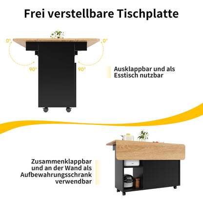 Keukenwagen – Keukentrolley – Serveerwagen – Opbergmeubel – Uitklapbare Tafel – Zwart Hout – Multifunctioneel Met 5 Wieltjes – 120x30/70x79,5 cm