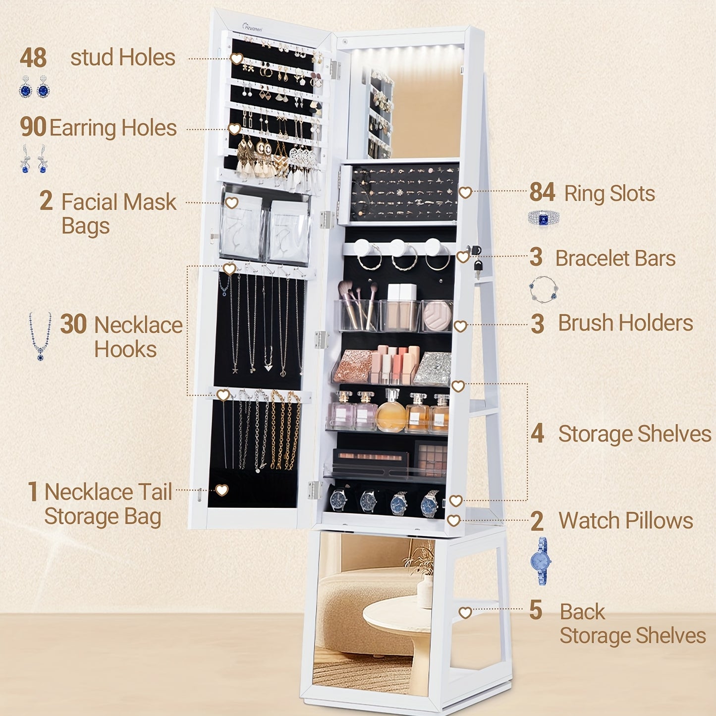 Mirror Jewellery Cabinet, Standing Jewellery Organiser with 360° Rotating Base, Full Length Lockable Mirror, Large 4-Tier Storage Compartments, 4-in-1 Multifunctional, White, Jewelry Armoires - QUORE