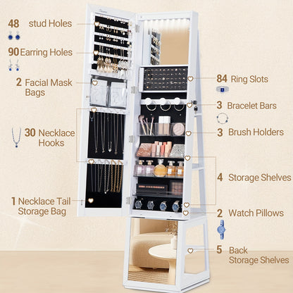 Mirror Jewellery Cabinet, Standing Jewellery Organiser with 360° Rotating Base, Full Length Lockable Mirror, Large 4-Tier Storage Compartments, 4-in-1 Multifunctional, White, Jewelry Armoires - QUORE