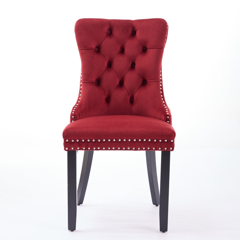 Eetkamerstoel – Eettafelstoel – Stoel – Kuipstoel – Set van 2 – Velvet Bekleding – Massief Houten Poten – Wijnrood – Hoge Rugleuning – Decoratieve Nagelkoppen