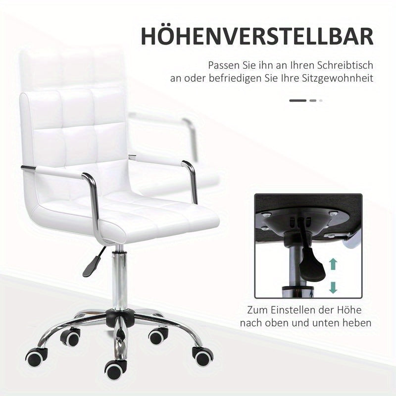 Adjustable Height Ergonomic Office Chair with 5-Wheel Swivel Base, Height-Adjustable Mechanism & Lumbar Support - Heavy-Duty Metal Frame, White Retro Modern Design Computer Desk Chair with Padded Armrests, 54.5cm Seat Height,