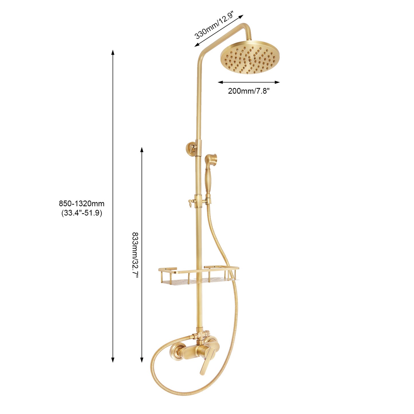 Douchekraan – Douchemengkraan – Douchekraan Thermostatisch – Doucheset – Regendouche – Antieke Messing Afwerking – Messing Materiaal – Verstelbare Douchebuis 75-120 cm