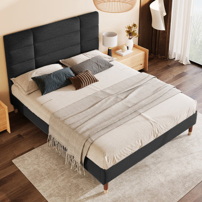 Bedframe – Houten Bed – Eenpersoonsbed – Opbergbed – Slaapbank – Modern Design – 140x200 cm – Massief Hardhout & Linnen – Geen Elektriciteit – Ruimtebesparend – Zwart