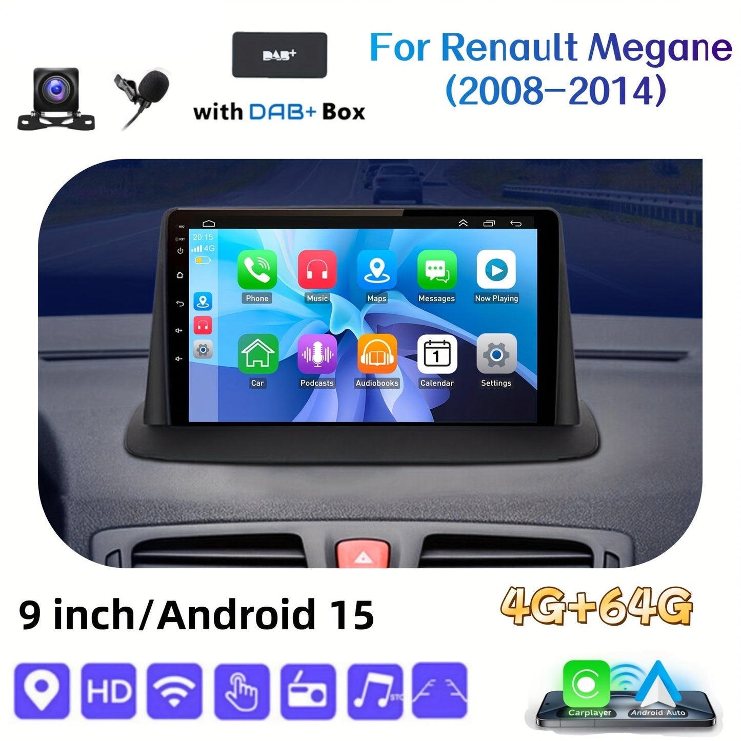Android 9 Inch Autoradio – 2-DIN Multimedia Unit – Android Car Stereo – Touchscreen Head Unit – Renault Megane 2008-2014 – 4GB RAM 64GB Opslag – Draadloze Android Auto & Achteruitrijcamera