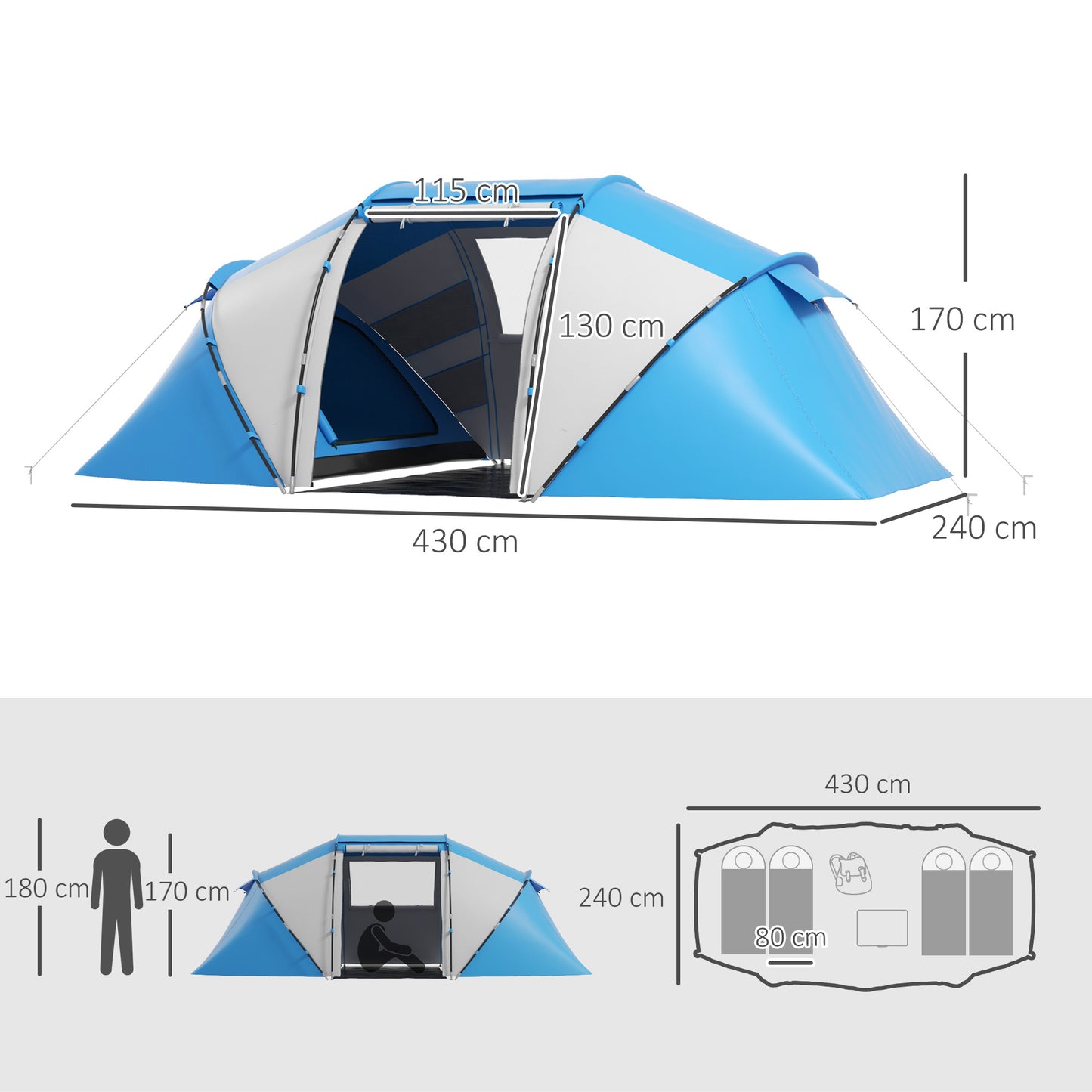 Tunneltent – Familietent – Kampeertent – Reistent – Tuinentent – Blauw – Waterdicht 2000mm – Lichtgewicht en Stabiel voor 4-6 Personen