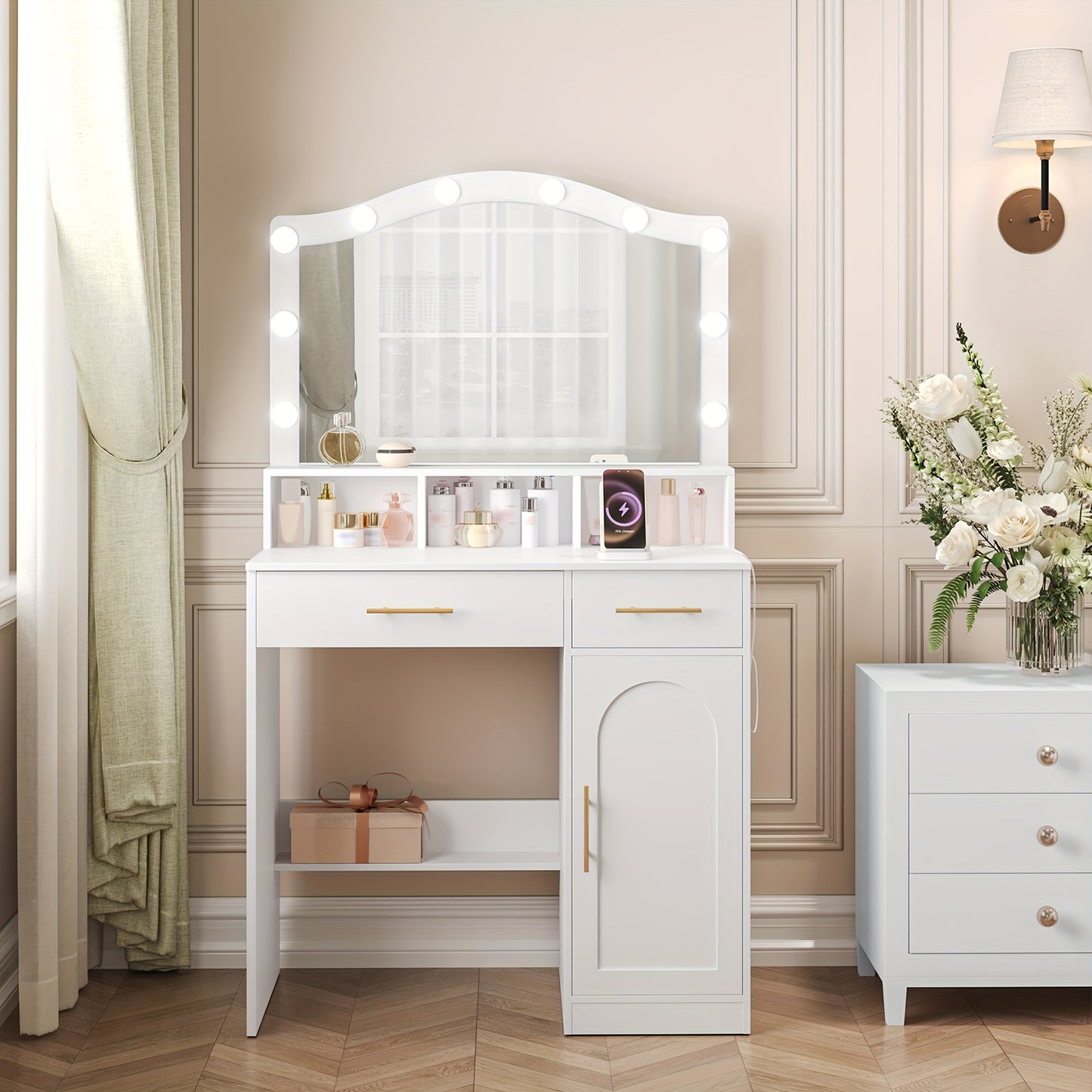 Make-up Tafel – Kaptafel – Schminktafel – Dressing Table – Toilette Tafel – Groot HD Spiegel – 3-Kleurige Instelbare LED-Verlichting
