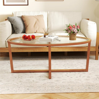 Salontafel – Woonkamertafel – Theetafel – Bijzettafel – Glazen tafel – Ovaal – Gehard glas – Massief acaciahouten poten – 118 x 71,5 x 47,5 cm