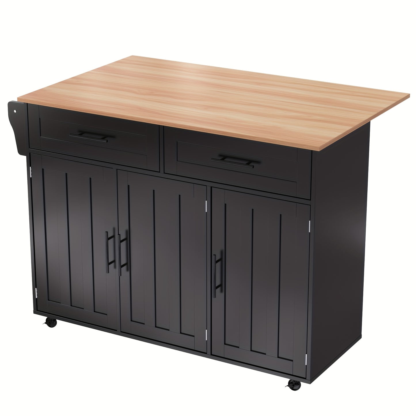 Dressoir – Sideboard – Opbergkast – Ladekast – Kastenmeubel – Zwart – Massief Houten Blad – Inklapbare Werkbank – Wieltjes – 129x46x91,5 cm