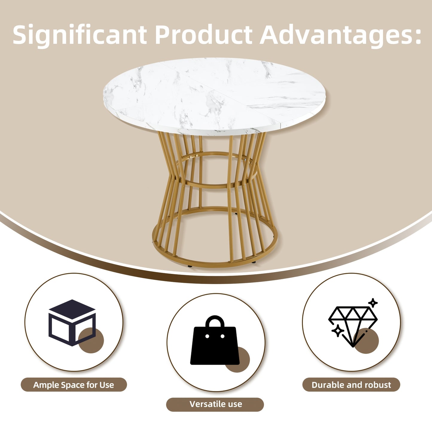 Ronde Eettafel – Eettafel Rond – Keukentafel – Ontbijttafel – Tafel Marmerlook – Wit Gouden Frame – Compact Design – Stevig Metalen Frame