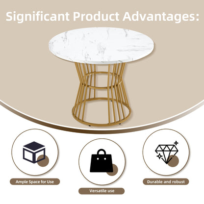 Ronde Eettafel – Eettafel Rond – Keukentafel – Ontbijttafel – Tafel Marmerlook – Wit Gouden Frame – Compact Design – Stevig Metalen Frame