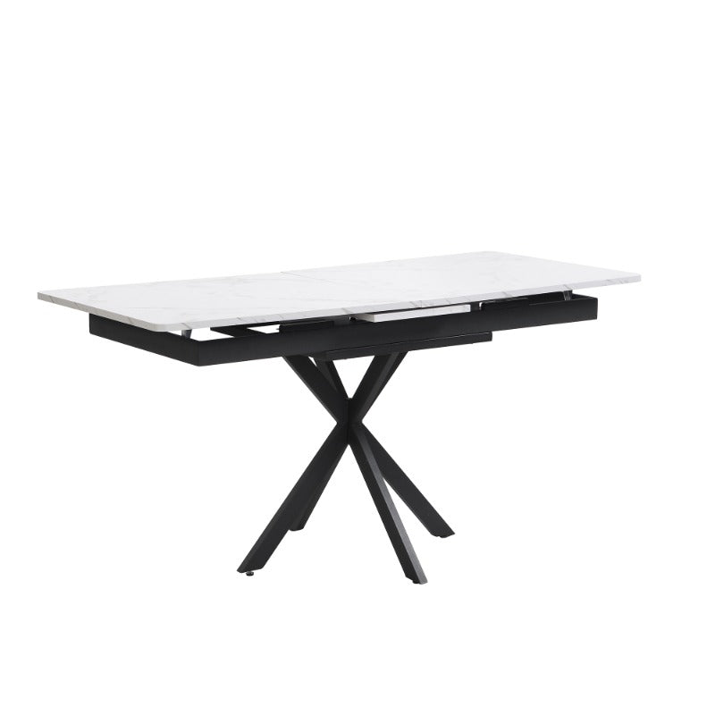 Verstelbare Eettafel – Zelf Uitbreidbare Tafel – Rechthoekige Koffietafel – Vrije Tijd Tafel – Eetkamer Tafel – Marmerlook Bovenblad – Kruisvormig Metaal Onderstel