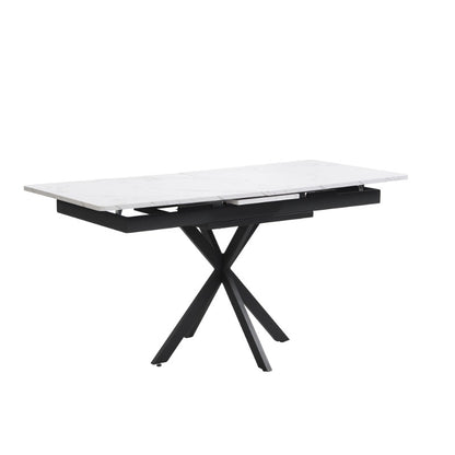 Verstelbare Eettafel – Zelf Uitbreidbare Tafel – Rechthoekige Koffietafel – Vrije Tijd Tafel – Eetkamer Tafel – Marmerlook Bovenblad – Kruisvormig Metaal Onderstel