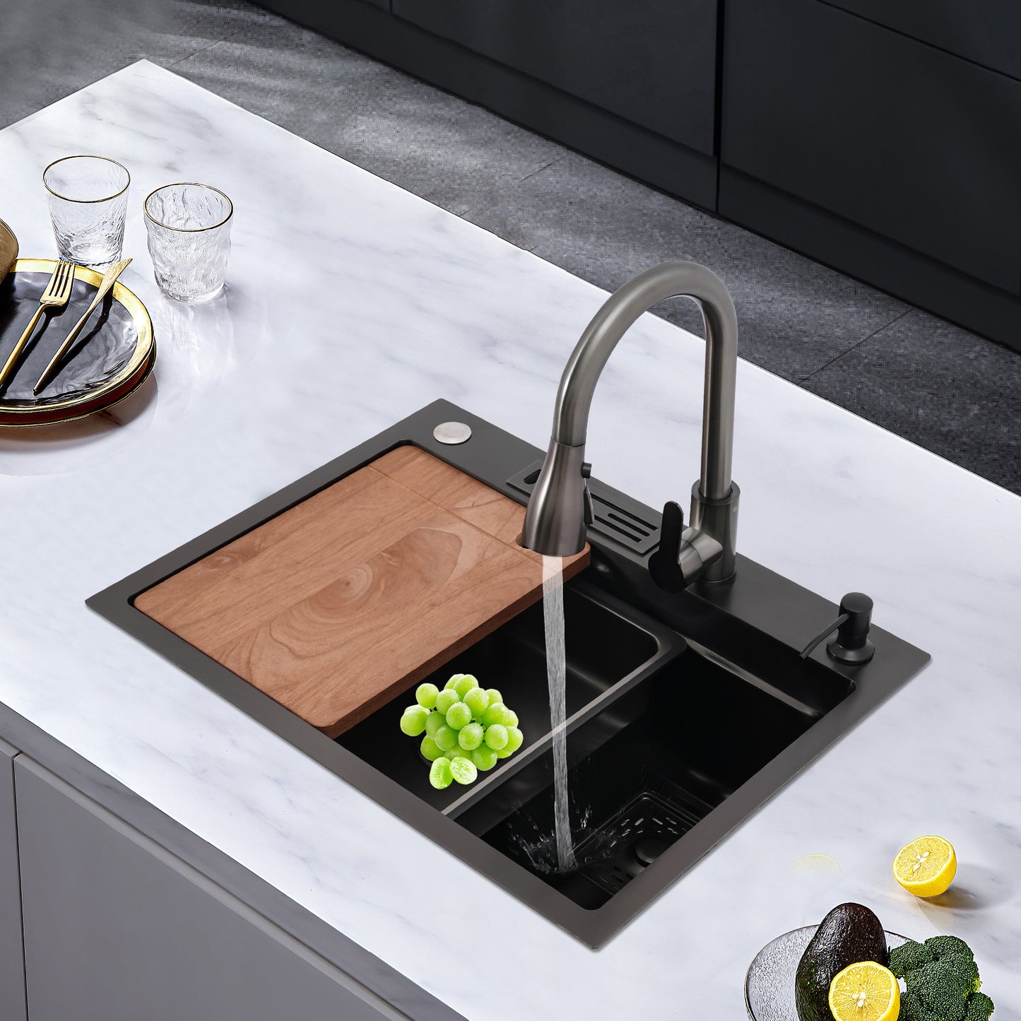 Sink set-60*45-Small waist pumping tap, stainless Steel Golden Rectangular Sink for Kitchens, Restaurants, Cafes, Bars, Hotels