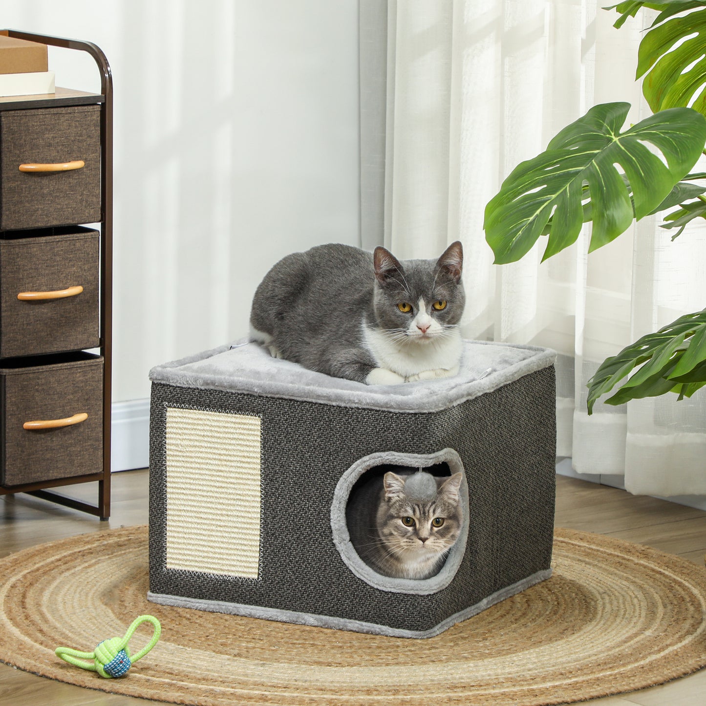 Krabton Kattenhuis Kattenkrabpaal Kattenmeubel Kattenhoek – Donkergrijs – Inclusief 2 Kussens – Sisal Krabvlak – Compact 45x45x35 cm – Pluche Zacht