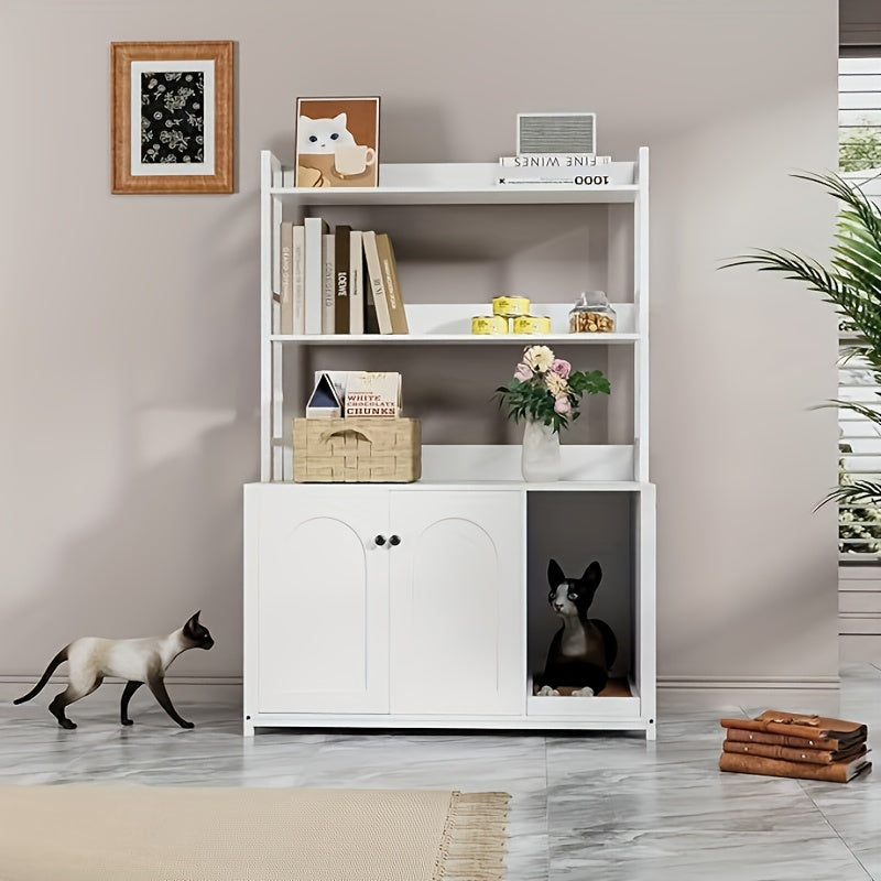 132.08cm Large Hidden Cat Litter Box Enclosure with 2 Doors - Wooden Cat House with Scratch Pad, Multi-Functional Storage Cabinet & Display Shelves, Space-Saving Indoor Cat Furniture for Climbing, Resting & Play, Modern Pet F