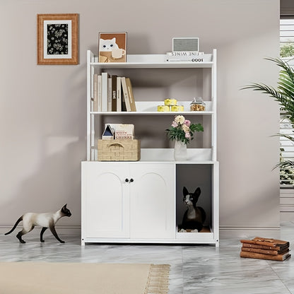 132.08cm Large Hidden Cat Litter Box Enclosure with 2 Doors - Wooden Cat House with Scratch Pad, Multi-Functional Storage Cabinet & Display Shelves, Space-Saving Indoor Cat Furniture for Climbing, Resting & Play, Modern Pet F