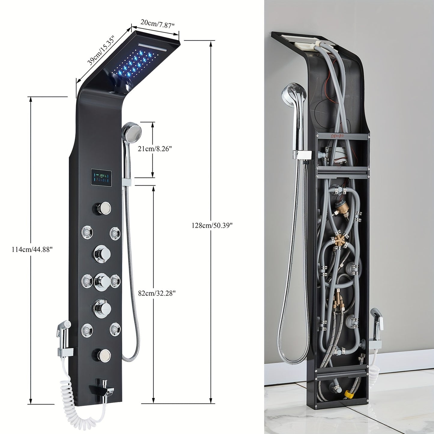 Douchepaneel – Douchekolom – Shower Tower – Regendouche – Handdouche – Geborsteld Nikkel – 304 Roestvrij Staal – Temperatuurdisplay zonder Batterij
