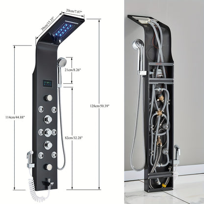 Douchesysteem – Douchepaneel – Shower Tower – Douchepaneel Unibody – Regendouche Mist – Mat Zwart 304 RVS – Led Temperatuurdisplay – Batterijvrij Zonder Elektriciteit