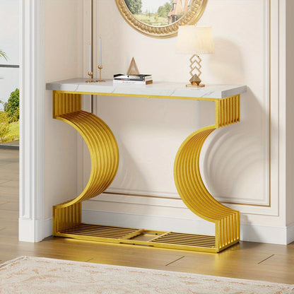 Entreetafel – Sidetable – Bijzettafel – Koffietafel – Speeltafel – Wit MDF – Gouden Onderstel – Compact Formaat 100x35x80 cm – Multifunctioneel Plaatsbaar