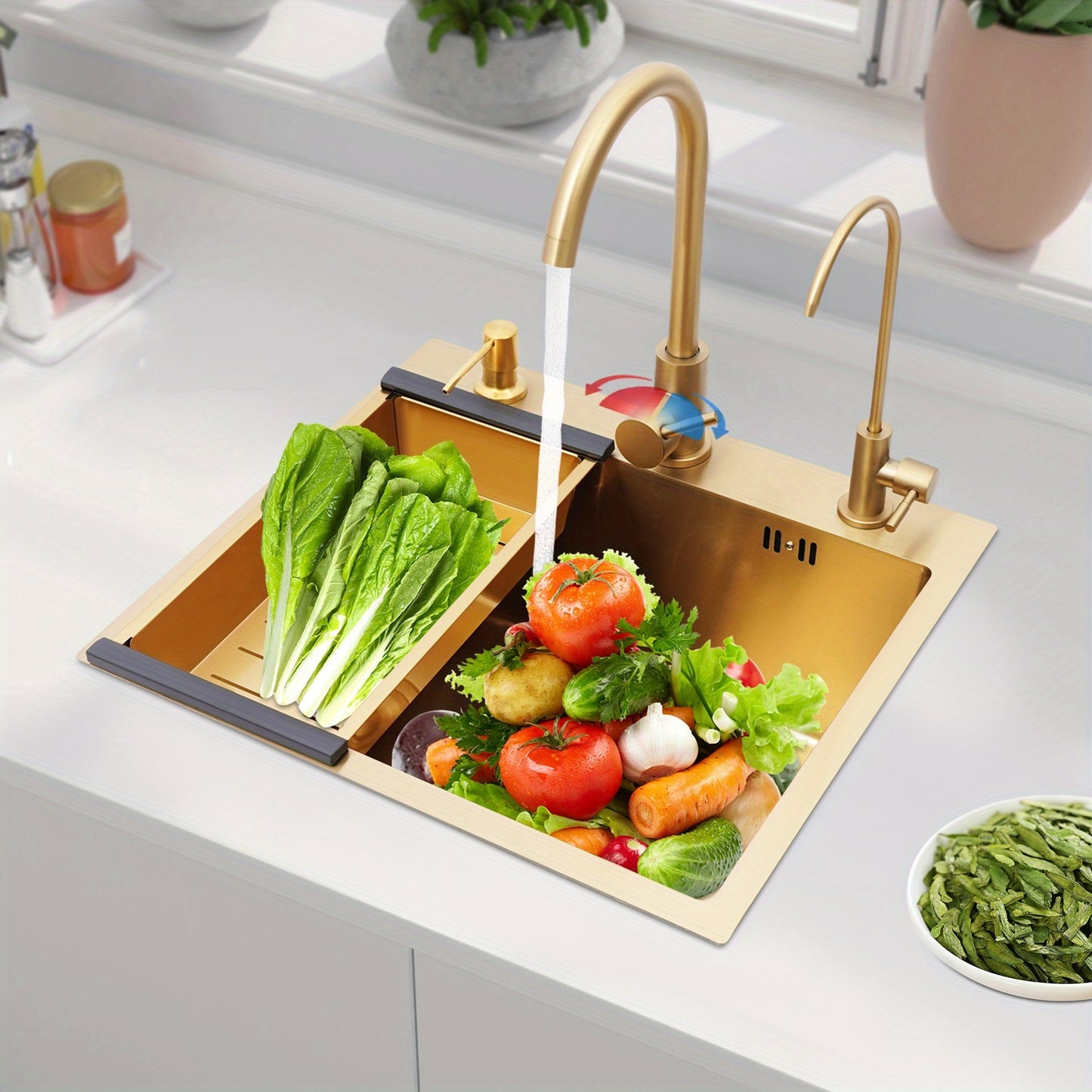 Gouden RVS Keukenspoelbak – Keukenspoelbak – Spoelbak – Keukenschaal – Keukenspoelbak RVS – Grote Capaciteit 50x45x20 cm – Geluidsreducerende Silencer Pad