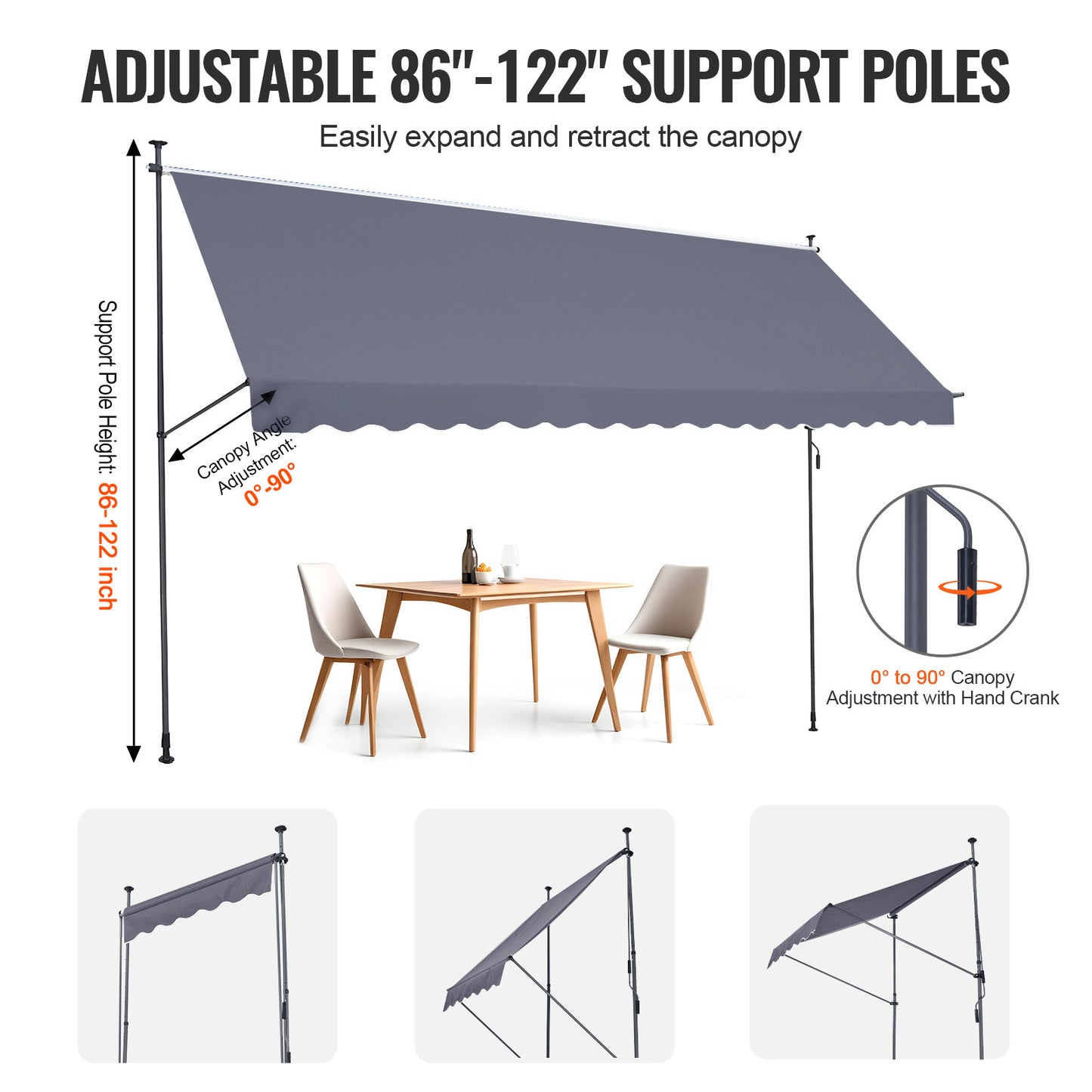 Uitschuifbare Zonwering – Terraszonwering – Patio Zonnescherm – Zonnescherm Balkon – Handmatige Markies – 178x47 Inch – Waterafstotend Met UV80+ Bescherming