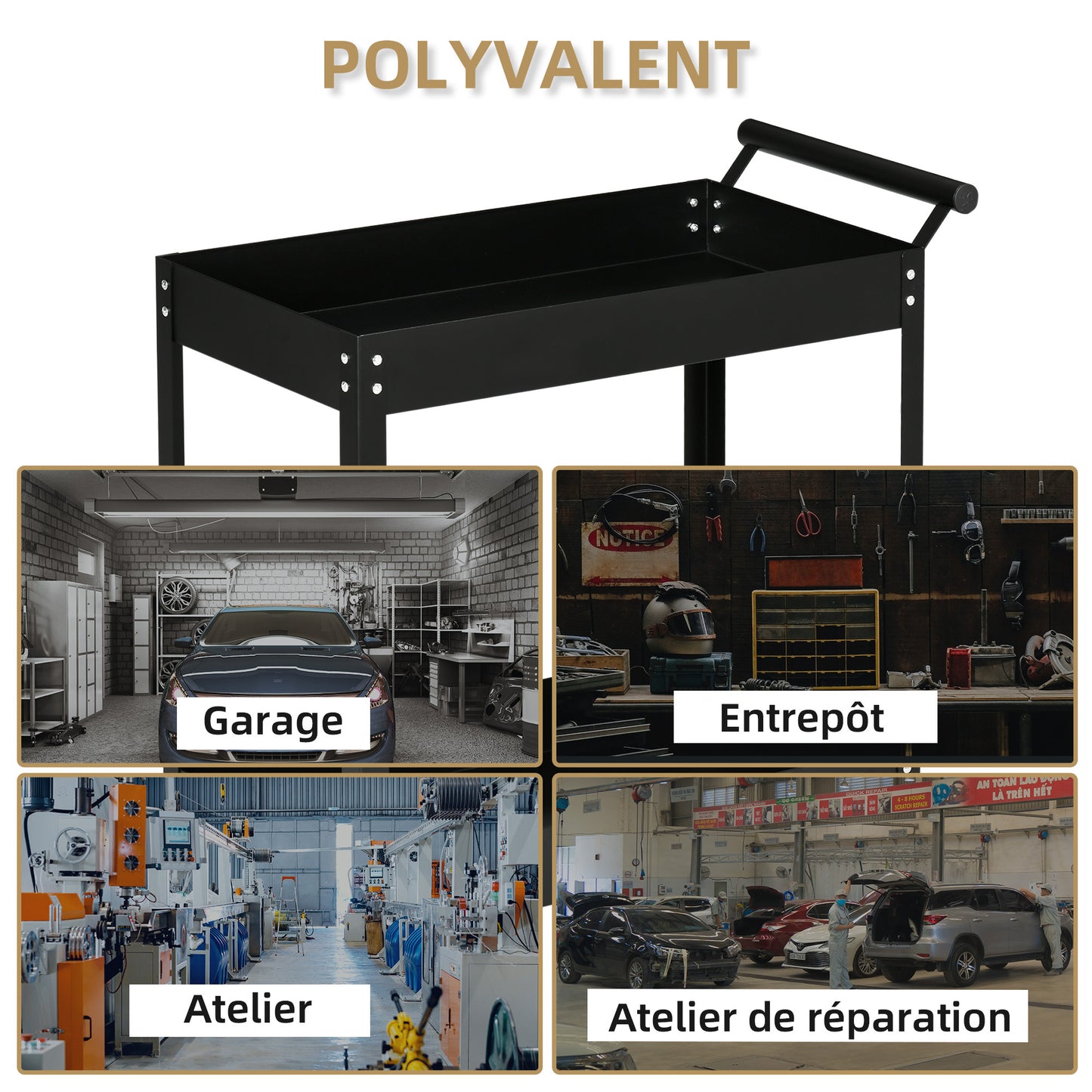 Werkplaatswagen – Gereedschapswagen – Werkplaatskar – Trolley – Opbergwagen – 2 Planken – Staal – Max. 150 kg – Zwenkwielen – Handgreep – Compact 84,5x38x84 cm – Zwart
