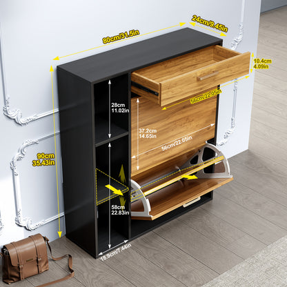 Houten Schoenenkastje – Schoenopberger – Schoenenrek – Schoenentoren – Schoenendisplay – Zwart – 2 Klapladen – Geschikt Voor 12-15 Paar Schoenen