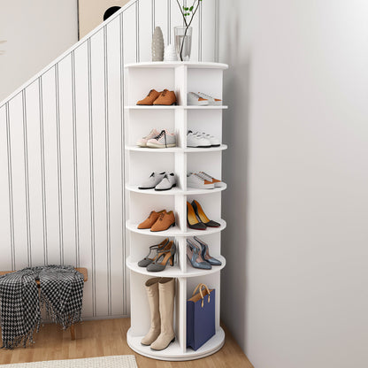 6-tier Rotating Shoe Rack | 360° Swivelling, Accommodates 24 Pairs of Shoes, Extra-High Base for Storing Boots, White, Metal, Floor Mount, Dimensions: 60x60x161cm