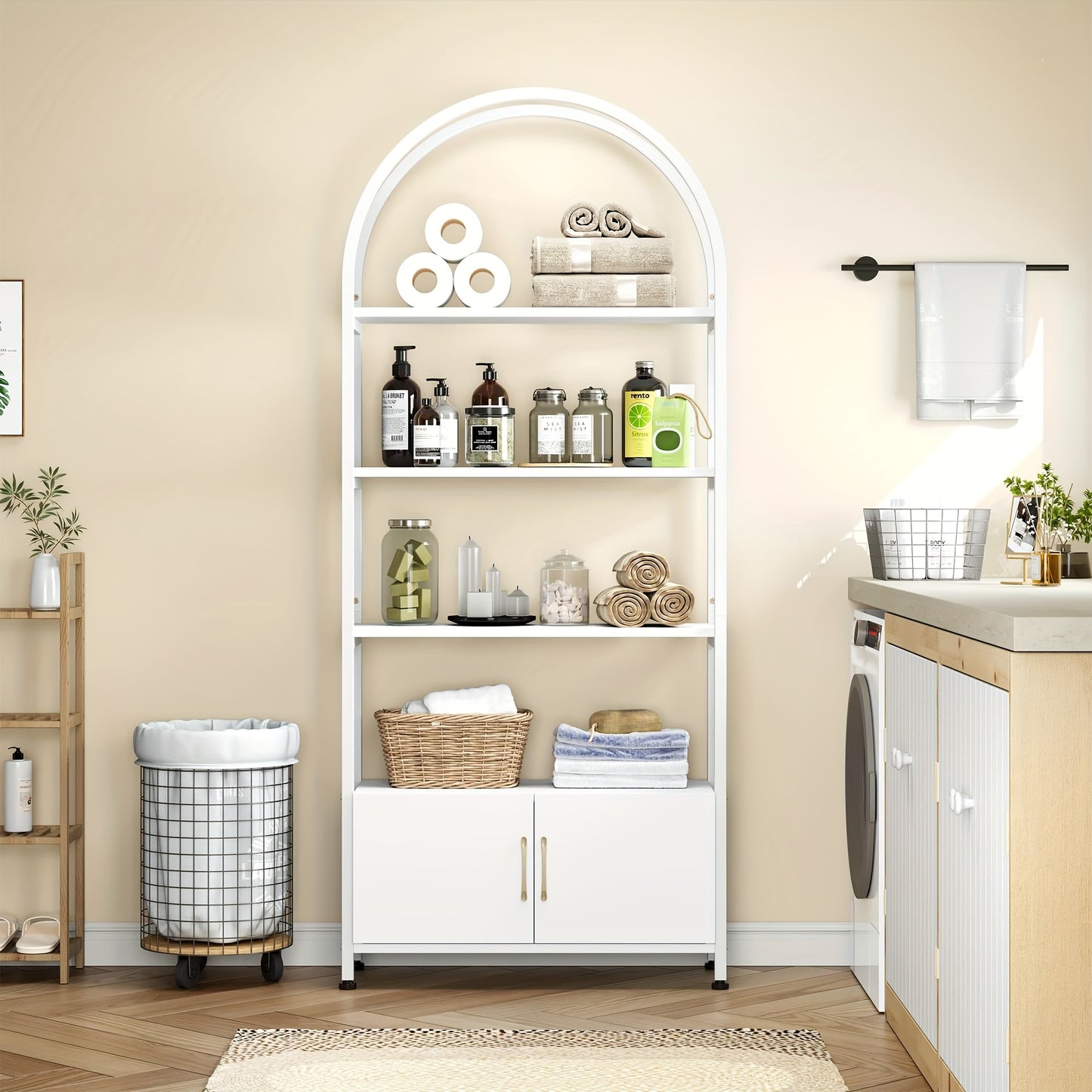 Boekenkast – Boekenrek – Opbergkast – Vakkenkast – 4-laags met deurtjes – Industrieel metalen frame – Wit houtlook – 182 cm hoog – Vrijstaand en ruimtebesparend
