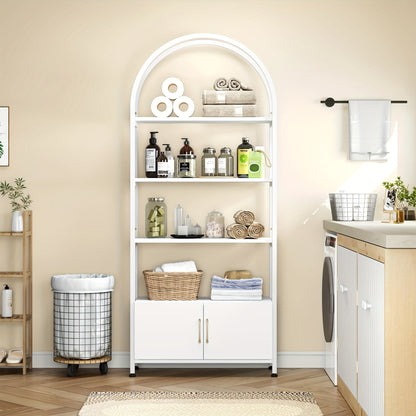 Boekenkast – Boekenrek – Opbergkast – Vakkenkast – 4-laags met deurtjes – Industrieel metalen frame – Wit houtlook – 182 cm hoog – Vrijstaand en ruimtebesparend