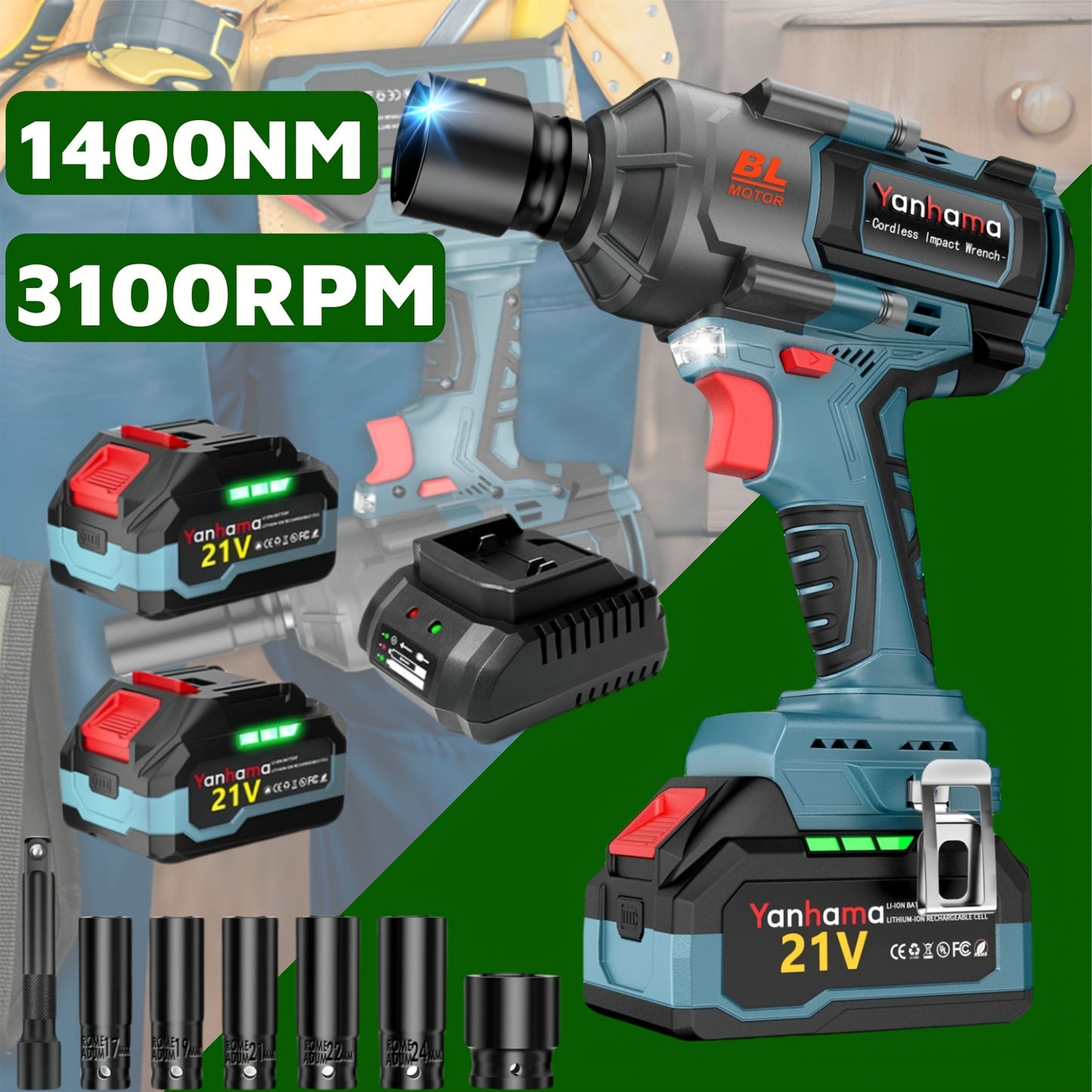 Yanhama 1400Nm Brushless Electric Wrench 21V Dual Battery 4000mAh Three-speed Speed Regulation + LED Lighting 1/2 Inch Interface Essential for Home Maintenance, Handyman Essentials, Household Repairs, Ergonomic Grip, Portable