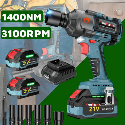 Yanhama 1400Nm Brushless Electric Wrench 21V Dual Battery 4000mAh Three-speed Speed Regulation + LED Lighting 1/2 Inch Interface Essential for Home Maintenance, Handyman Essentials, Household Repairs, Ergonomic Grip, Portable