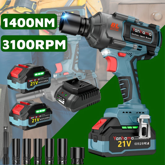 Yanhama 1400Nm Brushless Electric Wrench 21V Dual Battery 4000mAh Three-speed Speed Regulation + LED Lighting 1/2 Inch Interface Essential for Home Maintenance, Handyman Essentials, Household Repairs, Ergonomic Grip, Portable