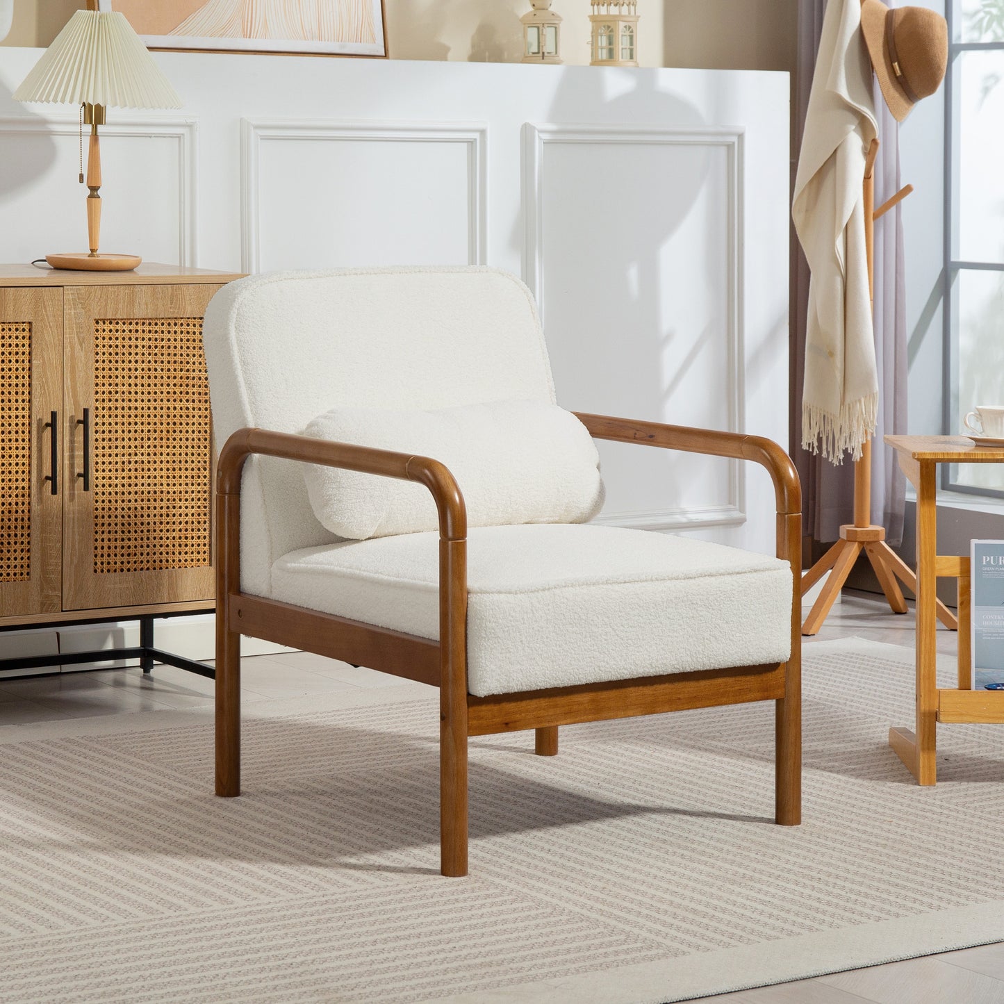 HOMCOM Living Room Fabric Bouclé Armchair, Modern Relaxation Chair with And Hevea Wood Frame, Armchair for Bedroom, Living Room, Dining Room, White